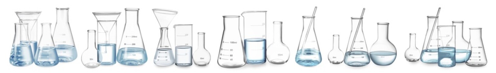 Many different laboratory glassware isolated on white