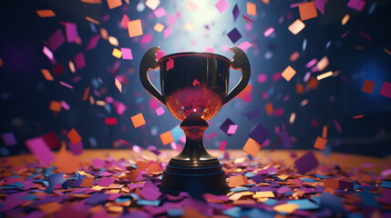An elegant trophy silhouette stands against a dark background, highlighted by vibrant confetti, a metaphor for triumphant moments. - obrazy, fototapety, plakaty