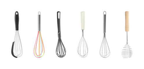 Different whisks isolated on white, collection. Kitchen tool