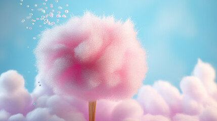 tasty cotton candy with sprinkles closeup on blue background