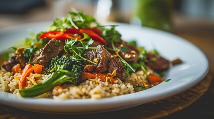 Vietnamese food, Asian food, beef and vegetable rice