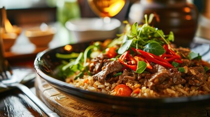 Vietnamese food, Asian food, beef and vegetable rice
