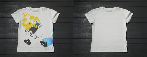White t-shirt before and after using detergent on black wooden table, top view - obrazy, fototapety, plakaty