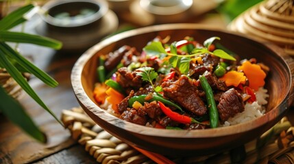 Fototapeta premium Vietnamese food, Asian food, beef and vegetable rice