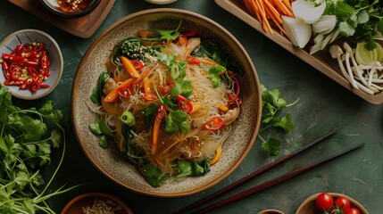 Vietnamese Food: Traditional Vietnamese Stir-Fried Vegetarian Glass Noodles - obrazy, fototapety, plakaty