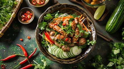 Vietnamese Food: Traditional Vietnamese Stir-Fried Vegetarian Glass Noodles - obrazy, fototapety, plakaty