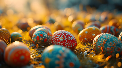 Easter eggs with a basket of colored eggs nearby.