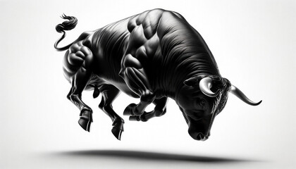 Bull suspended in trouble. Stock market bull run on hold in a bad economy circumstances, isolated on white background - obrazy, fototapety, plakaty