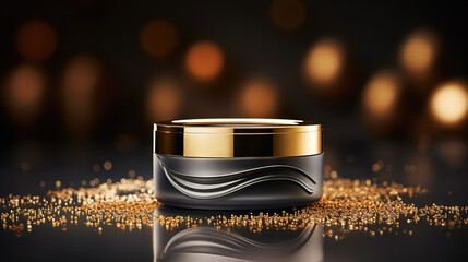 Minimalistic image of a jar of cream in studio lighting. Luxurious dark gold metallic color. Generative AI