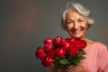Cheerful Grandma Embracing Roses