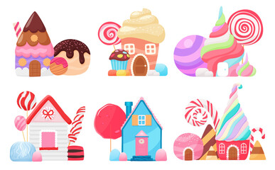 Candy houses set. Fairy tale buildings with whipped rainbow cream and chocolate roofs, cookie windows, fantasy marshmallow and cake, candy cane and lollipop decorations cartoon vector illustration