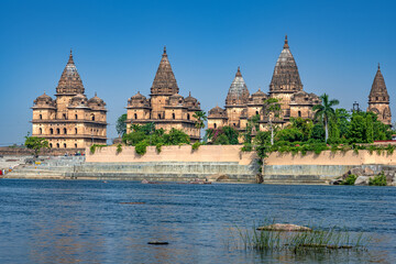 Orchha, India - 02 June 2022 - Royal Chhatris or Cenotaphs are the historical monuments situated on...