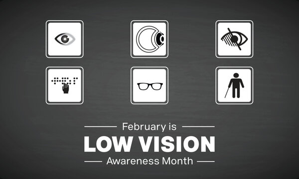 Low Vision Awareness Month design. It features elements of low vision symbol such as eye ball, cataract, glasses, braille and walking stick. Vector illustration