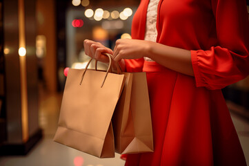 紙袋を持ってショッピングを楽しむ女性 - obrazy, fototapety, plakaty
