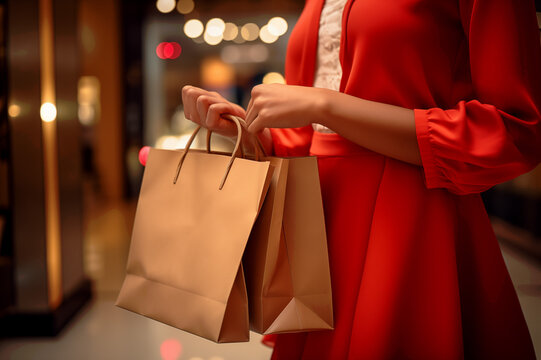 紙袋を持ってショッピングを楽しむ女性