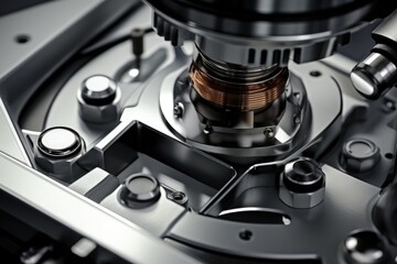 Close-up shot of microscope with metal lens