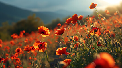 Beautiful landscape with red poppies