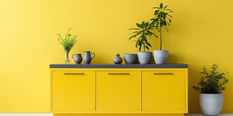 Contemporary storage unit with kitchenware, countertop, and plant by yellow wall.