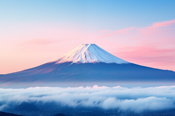 一面に広がる雲海と朝焼けに染まる富士山