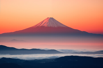 一面に広がる雲海と朝焼けに染まる富士山