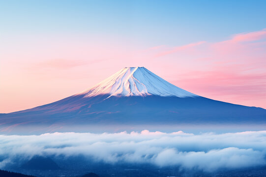 一面に広がる雲海と朝焼けに染まる富士山