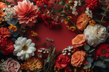 Frame made of beautiful flowers with empty space on red background 