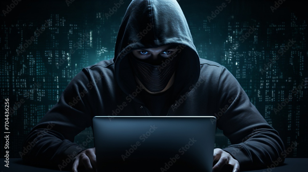 Poster a masked man in a black hoodie using a laptop in a dark room with green binary code in the backgroun