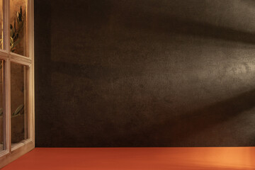 Panorama de fond d'un mur noir et support orange pour création d'arrière plan. Panoramique avec...