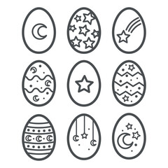 Easter eggs icon set collection in bold line style. Flat vector illustration isolated on white background.
Black and white eggs with ornament. Easter print in space style, coloring page.