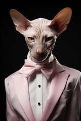 Fashion beauty Sphinx cat is wearing modern clothes. cat  in fashionable clothes poses like a human. Creative animal concept. 