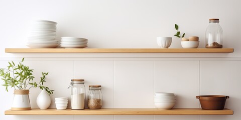 Fototapeta na wymiar Scandinavian style kitchen interior with white decor, wooden shelf displaying ceramic tableware, rustic glass details.