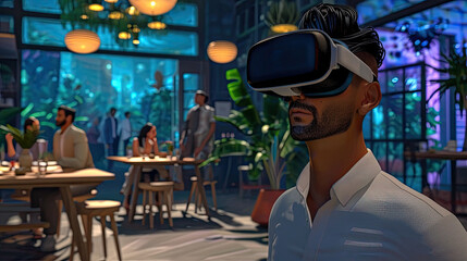 A man is wearing a virtual reality headset in a restaurant, surrounded by bright colours that suggest a futuristic setting.