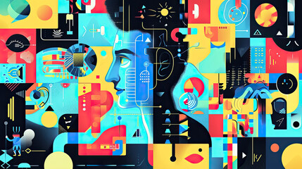 A man's face surrounded by a variety of colourful geometric shapes.