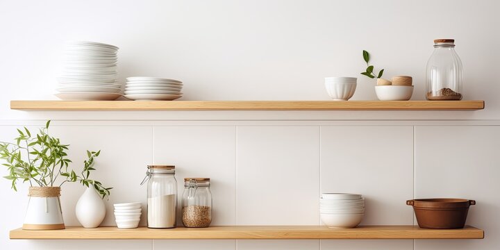 Scandinavian style kitchen interior with white decor, wooden shelf displaying ceramic tableware, rustic glass details.