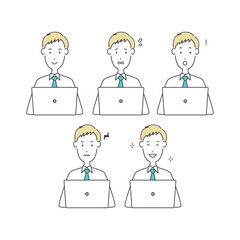 PCで作業をする様々な表情の男性社員