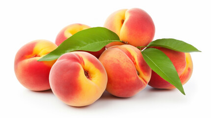 Peaches isolated. Ripe peach and half of peach on white background. Fresh fruits.
