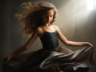 cute little girl practicing dancing wearing a black dress