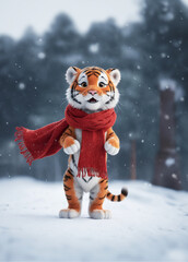 simpatico tigrotto in una nevosa giornata invrnale che indossa una grande sciarpa in lana rossa - obrazy, fototapety, plakaty