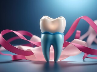 Model of human tooth with pink bow on blue background. Generative AI