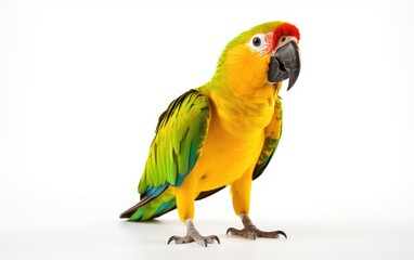 Sun Conure Parrot stands against white background.