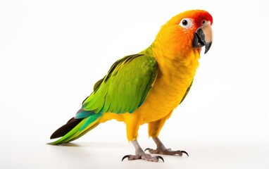 Fototapeta premium Parrot stands alone on a white background.
