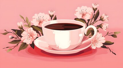 A cup of tea and flowers on pink background
