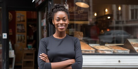 Portrait of a smiling young African-American woman standing in front of her bakery - obrazy, fototapety, plakaty