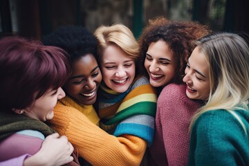 Group of diverse friends hugging and smiling together, expressing happiness and unity.