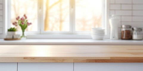 Blurred white kitchen with wooden oak countertop, ready for product or layout display.