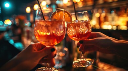 Two cocktails in hand Cocktail glasses clinking together at a bar or pub.