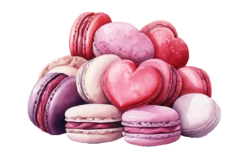 Tuinposter Watercolor macarons cakes isolated. Valentine's Day postcards and greeting cards design. © bramthestocker