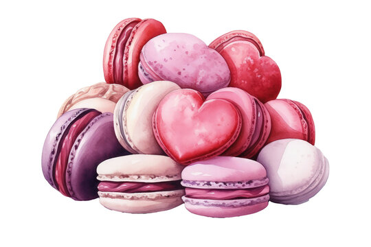 Watercolor macarons cakes isolated. Valentine's Day postcards and greeting cards design.