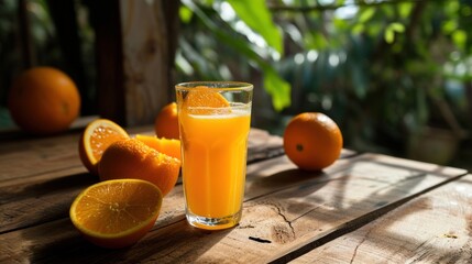 Orange juice in a glass on a wooden table