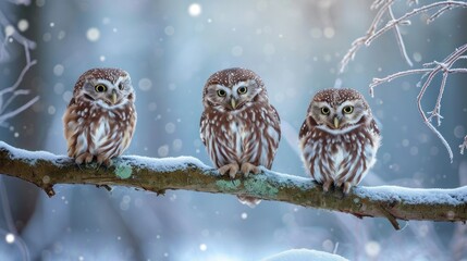 Whispering Wisdom, A Trio of Enigmatic Owls Perch Majestically Upon an Icy Branch Amidst Wintry Serenity